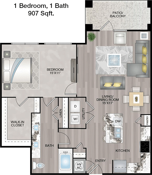907 sq ft floorplan layout