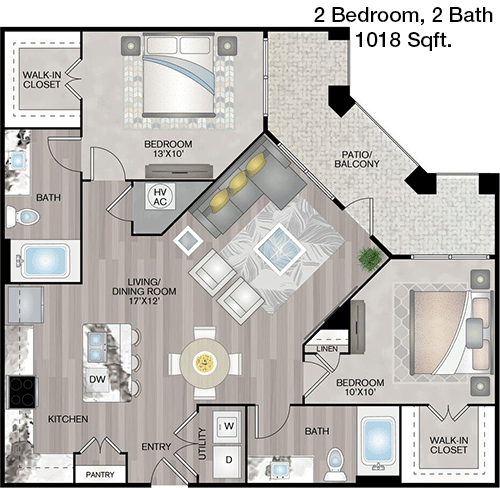 1,018 sq ft floorplan layout