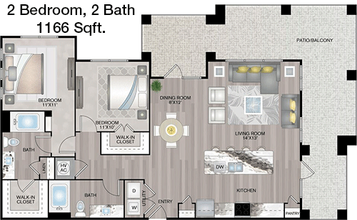 1,166 sq ft floorplan layout