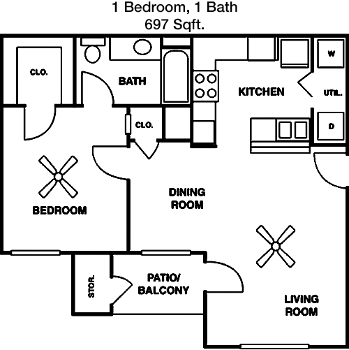 697 sq ft floorplan layout