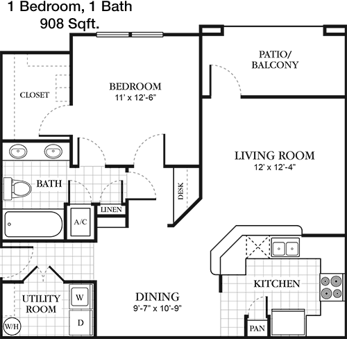 908 sq ft floorplan layout