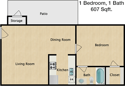 607 sq ft floorplan layout