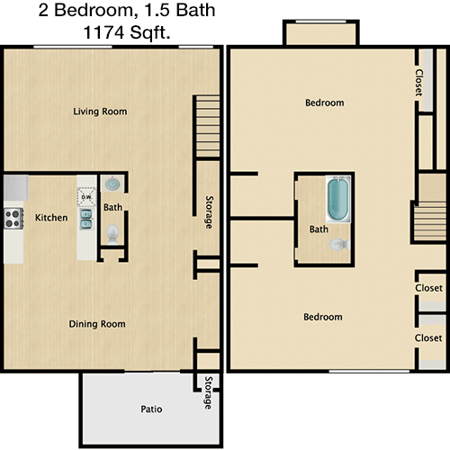 1,174 sq ft floorplan layout