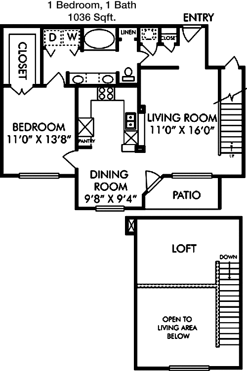 1,036 sq ft floorplan layout