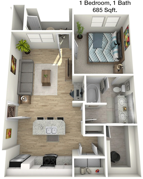 685 sq ft floorplan layout