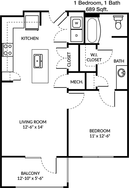 689 sq ft floorplan layout