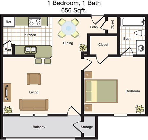 656 sq ft floorplan layout