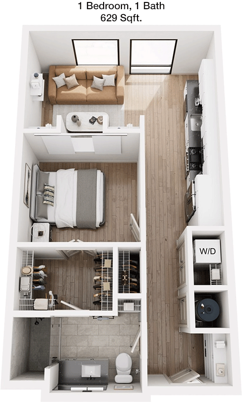 629 sq ft floorplan layout