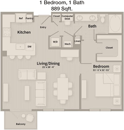 889 sq ft floorplan layout
