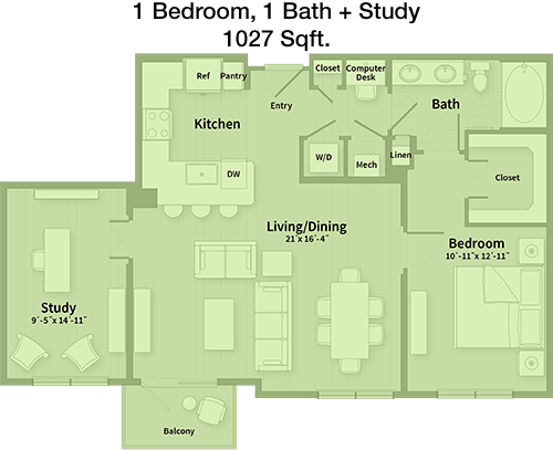 1,027 sq ft floorplan layout