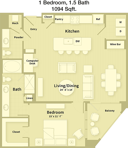 1,094 sq ft floorplan layout