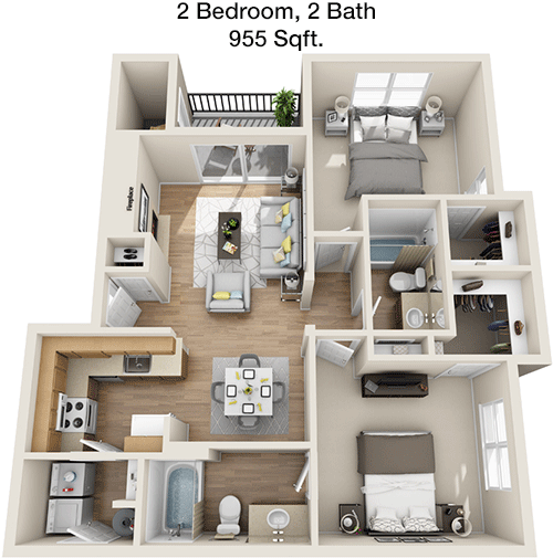 955 sq ft floorplan layout