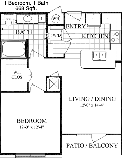 668 sq ft floorplan layout