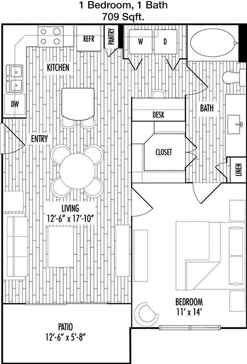 709 sq ft floorplan layout