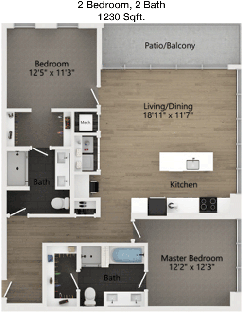 1,230 sq ft floorplan layout