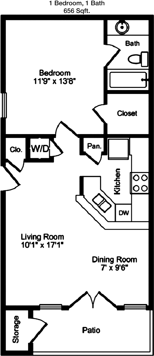 656 sq ft floorplan layout