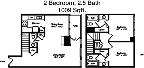 1,009 sq ft floorplan layout