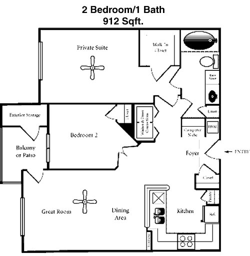 912 sq ft floorplan layout