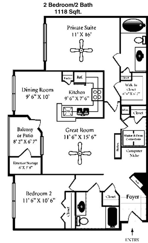 1,118 sq ft floorplan layout