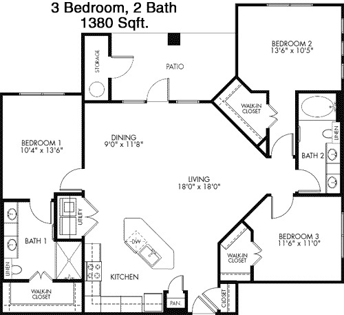 1,380 sq ft floorplan layout