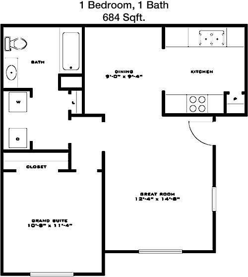 684 sq ft floorplan layout