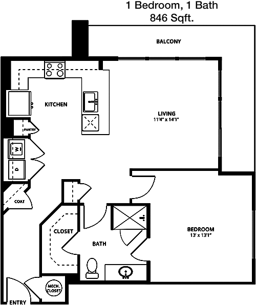 846 sq ft floorplan layout