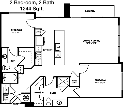 1,244 sq ft floorplan layout