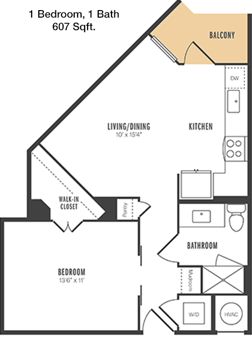 607 sq ft floorplan layout