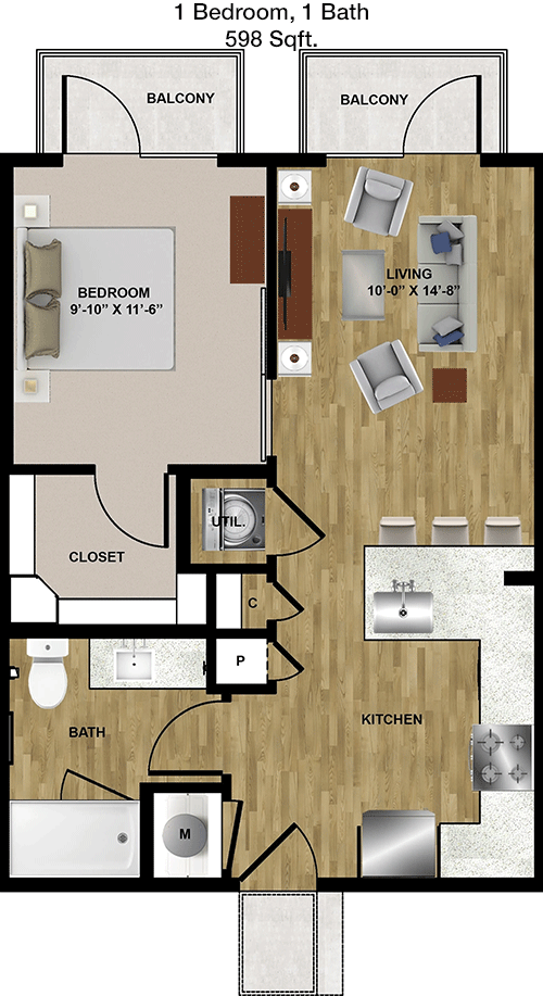 598 sq ft floorplan layout
