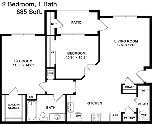 885 sq ft floorplan layout