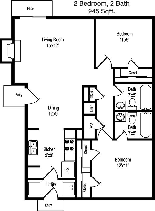 945 sq ft floorplan layout