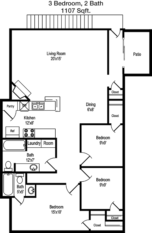 1,107 sq ft floorplan layout