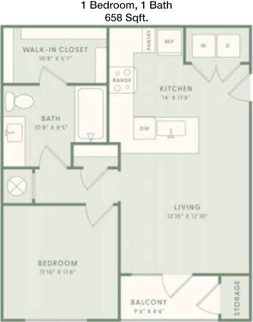 658 sq ft floorplan layout