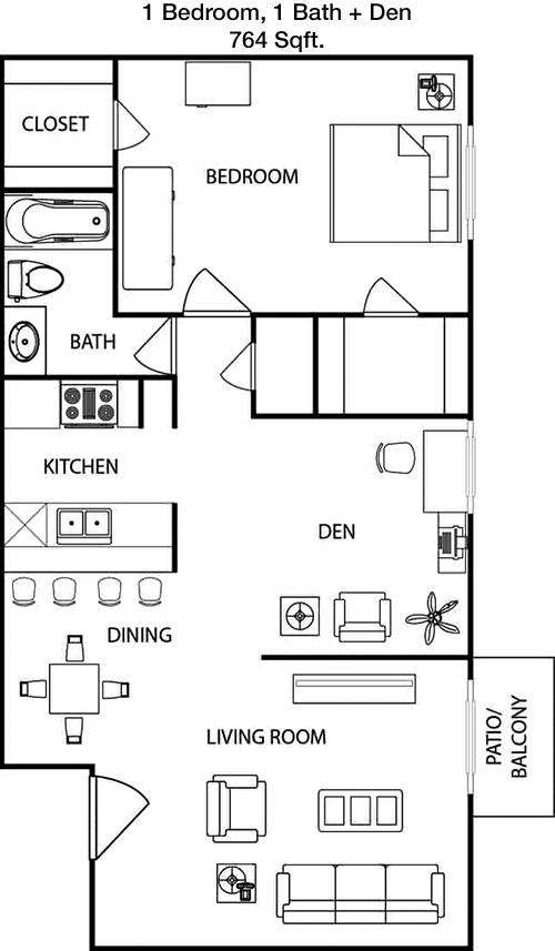 764 sq ft floorplan layout