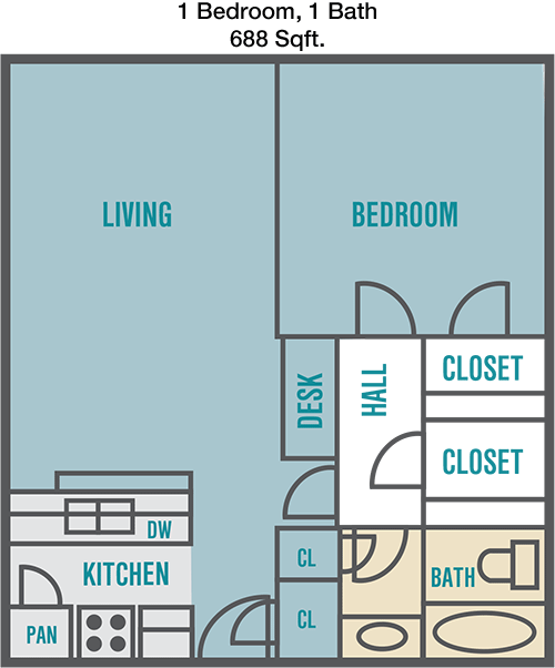 688 sq ft floorplan layout