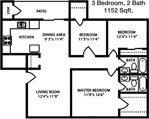 1,152 sq ft floorplan layout