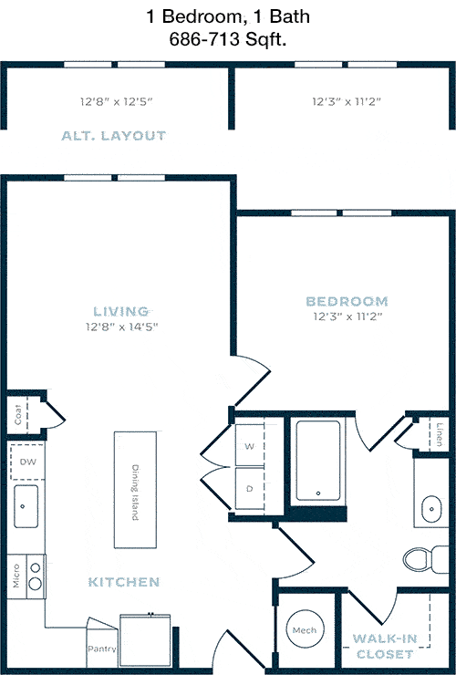 686 sq ft floorplan layout