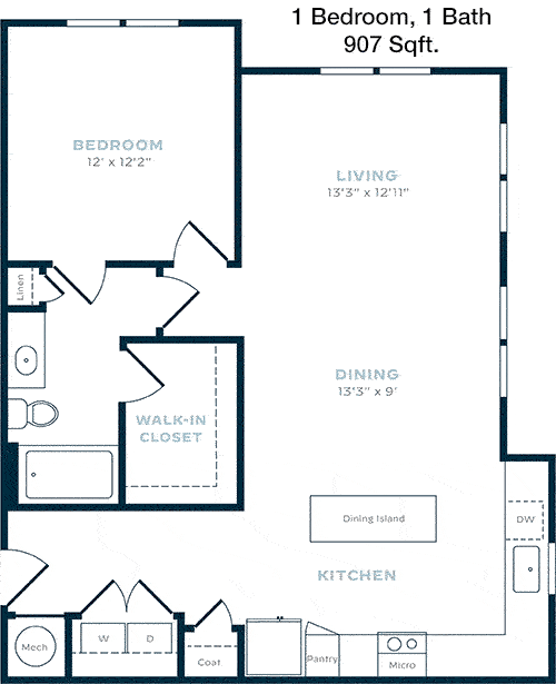 907 sq ft floorplan layout