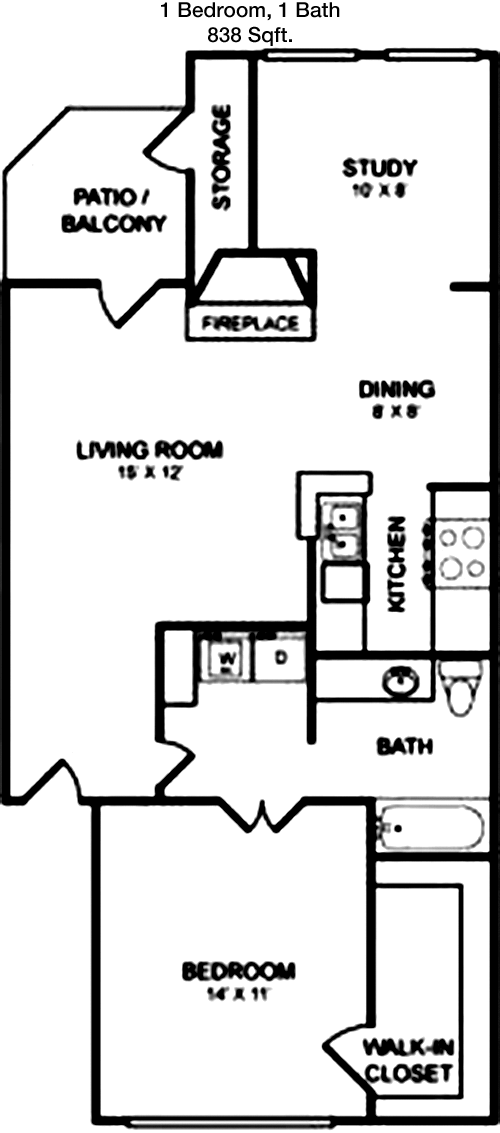 838 sq ft floorplan layout