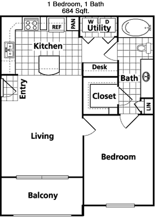 684 sq ft floorplan layout