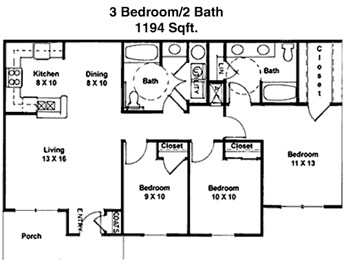 1,194 sq ft floorplan layout