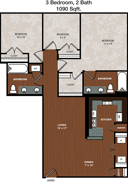 1,090 sq ft floorplan layout