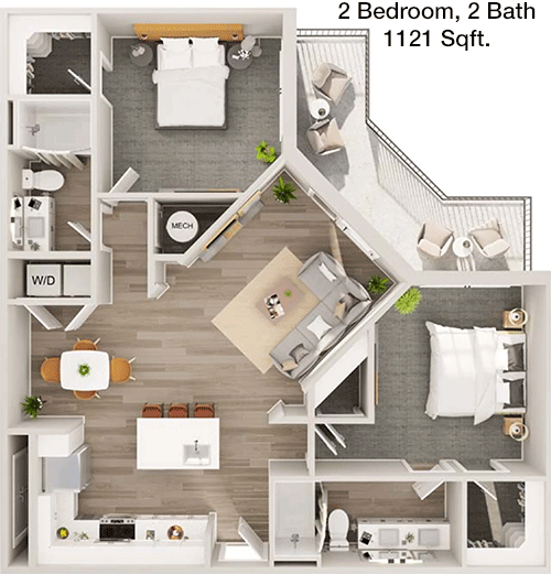 1,121 sq ft floorplan layout