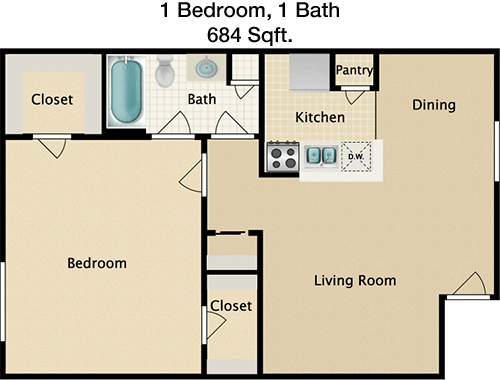684 sq ft floorplan layout