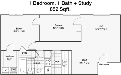 852 sq ft floorplan layout