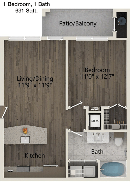 631 sq ft floorplan layout