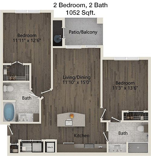 1,052 sq ft floorplan layout