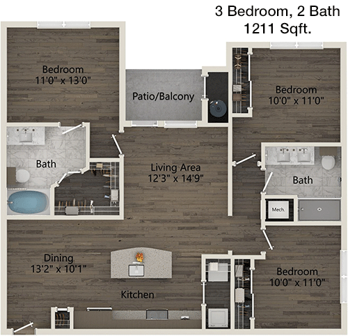 1,211 sq ft floorplan layout