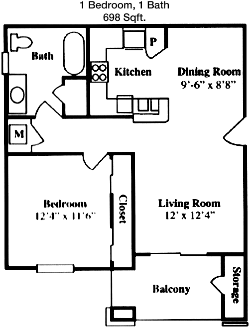 698 sq ft floorplan layout