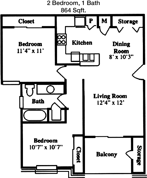 864 sq ft floorplan layout